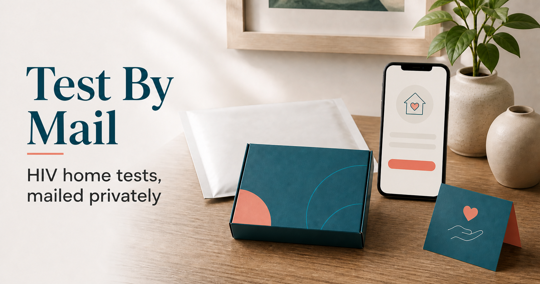 Discreet mailer, self-test kit box, and phone request screen for Test By Mail